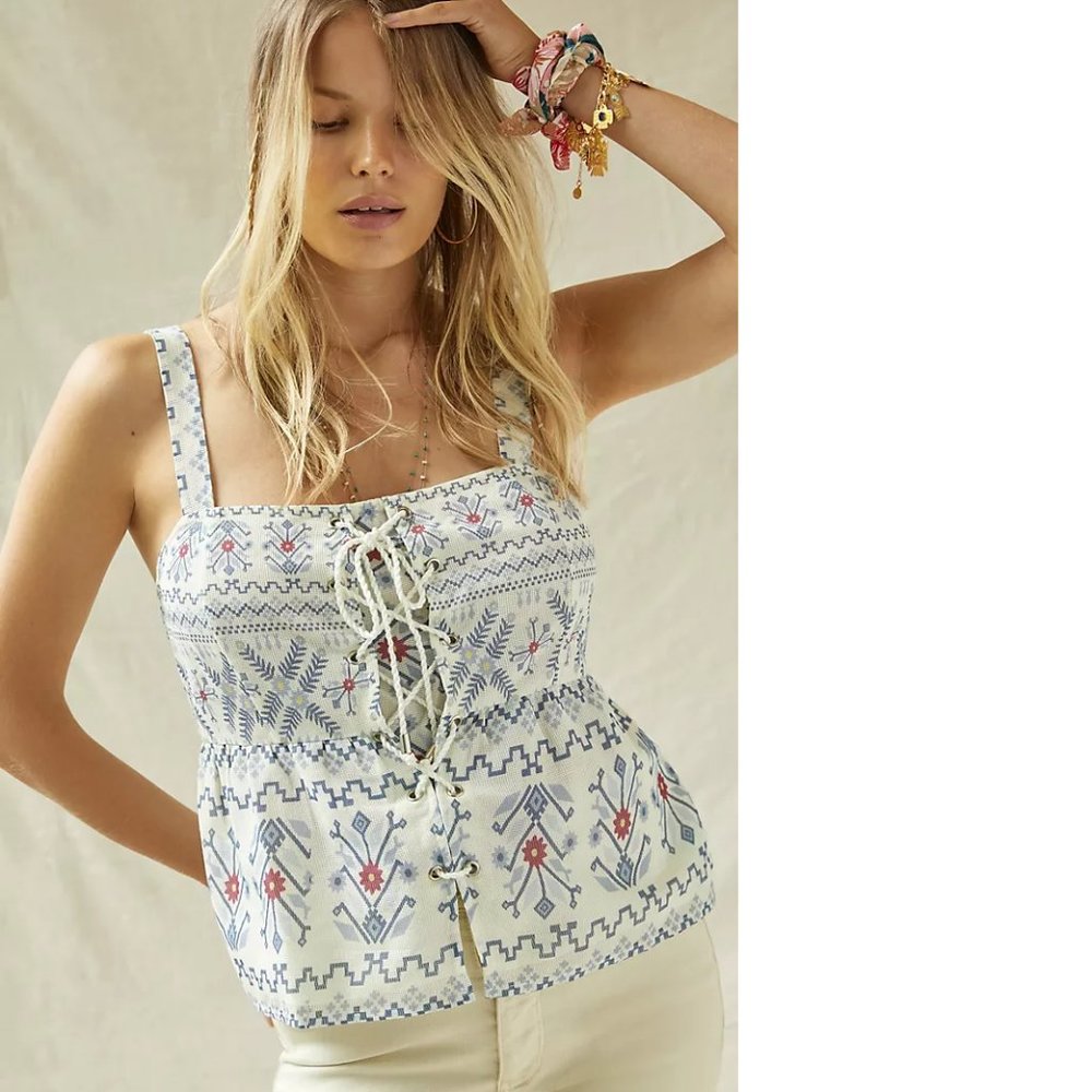 Anthropologie White and Blue Patterned Tank Top